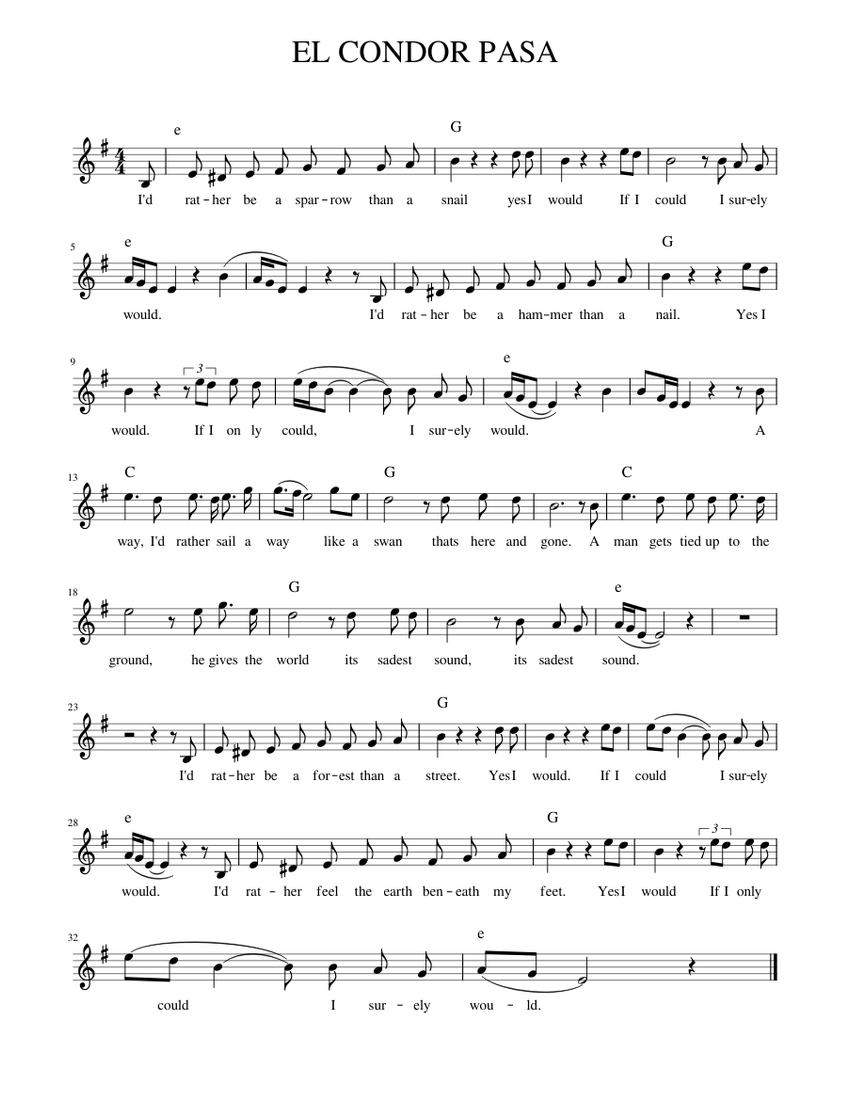 EL CONDOR PASA Sheet Music with Chords for Piano (Solo) easy | MuseScore.com