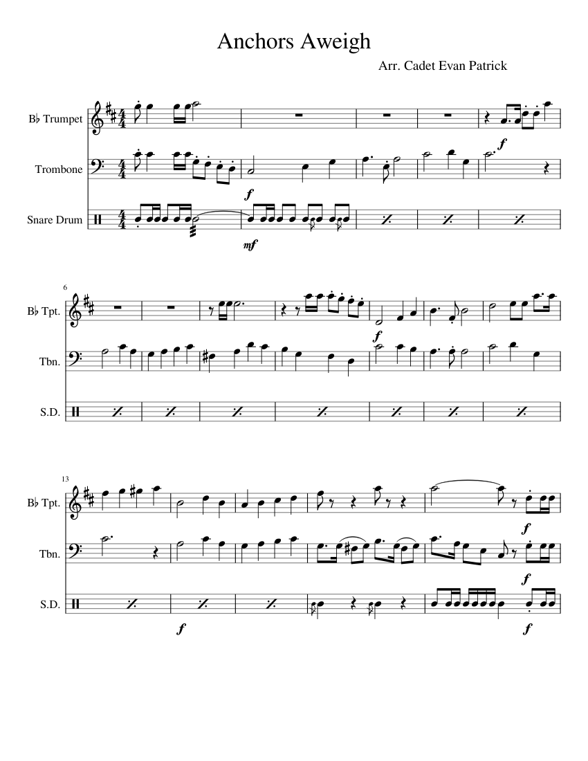 Anchors Aweigh Sheet music for Trombone, Trumpet in bflat, Snare drum