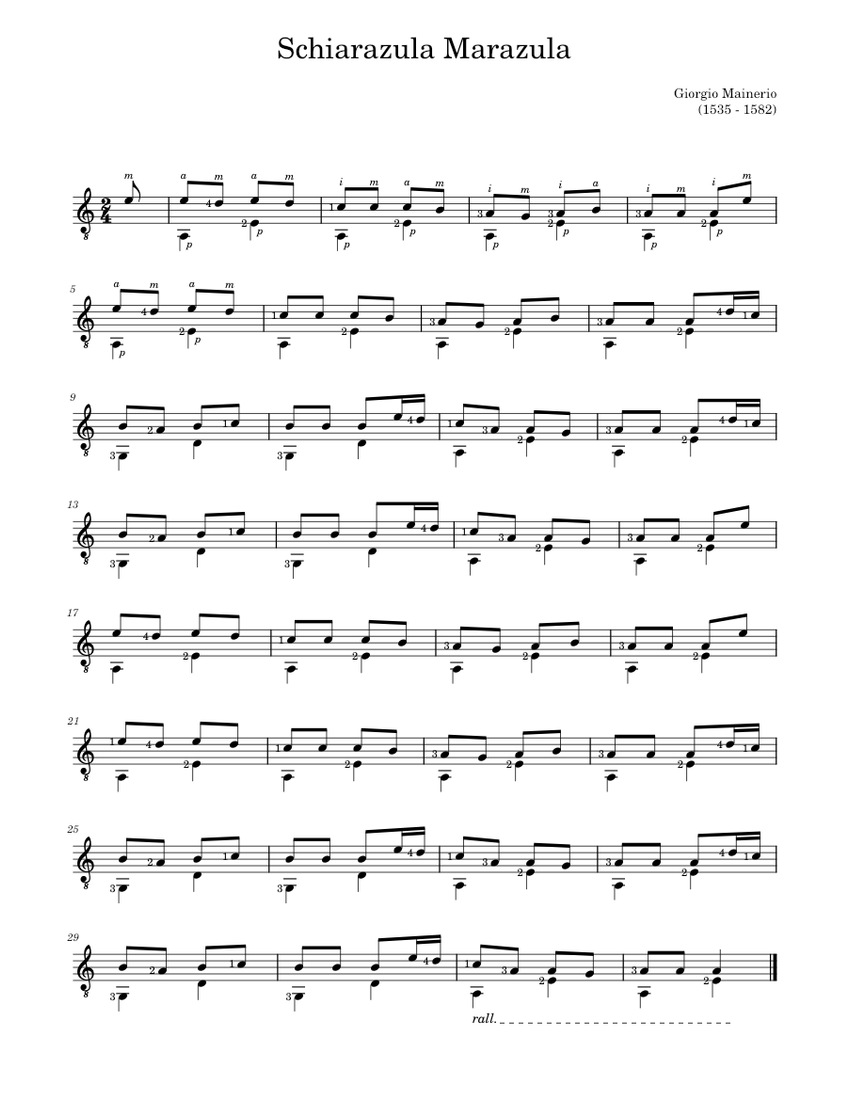 Schiarazula Marazula – Giorgio Mainerio Sheet music for Guitar (Solo