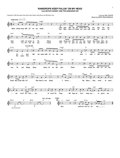 Raindrops Keep Fallin' On My Head - BJ Thomas (Lead Sheet - Fake Book)
