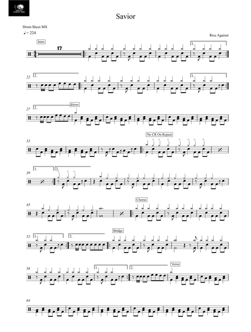 Savior (Arr. Drum Sheet MX) - Rise Against (Drums)