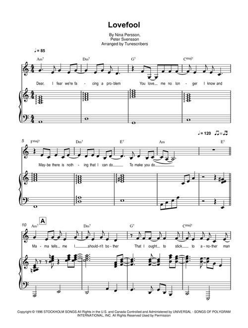 Lovefool (Arr. Tunescribers) - Nina Persson, Peter Svensson (Piano Vocal)