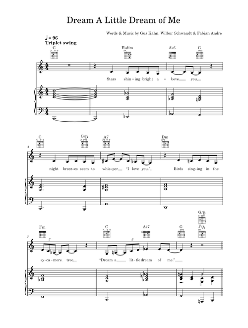 Dream A Little Dream Of Me - Ella Fitzgerald, Louis Armstrong, Nat King Cole, The Mamas & The Papas (Piano-Vocal-Guitar (Piano Accompaniment))
