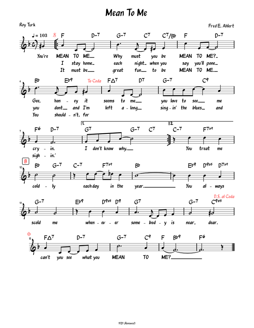 ボーカル　ビッグバンド譜面：MEAN TO ME Mean to Me (Lead sheet with lyrics ) Sheet Music with Chords for