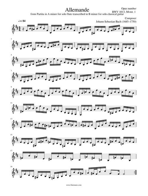 Allemande from Partita in A minor for solo flute arranged in B minor for solo classical guitar