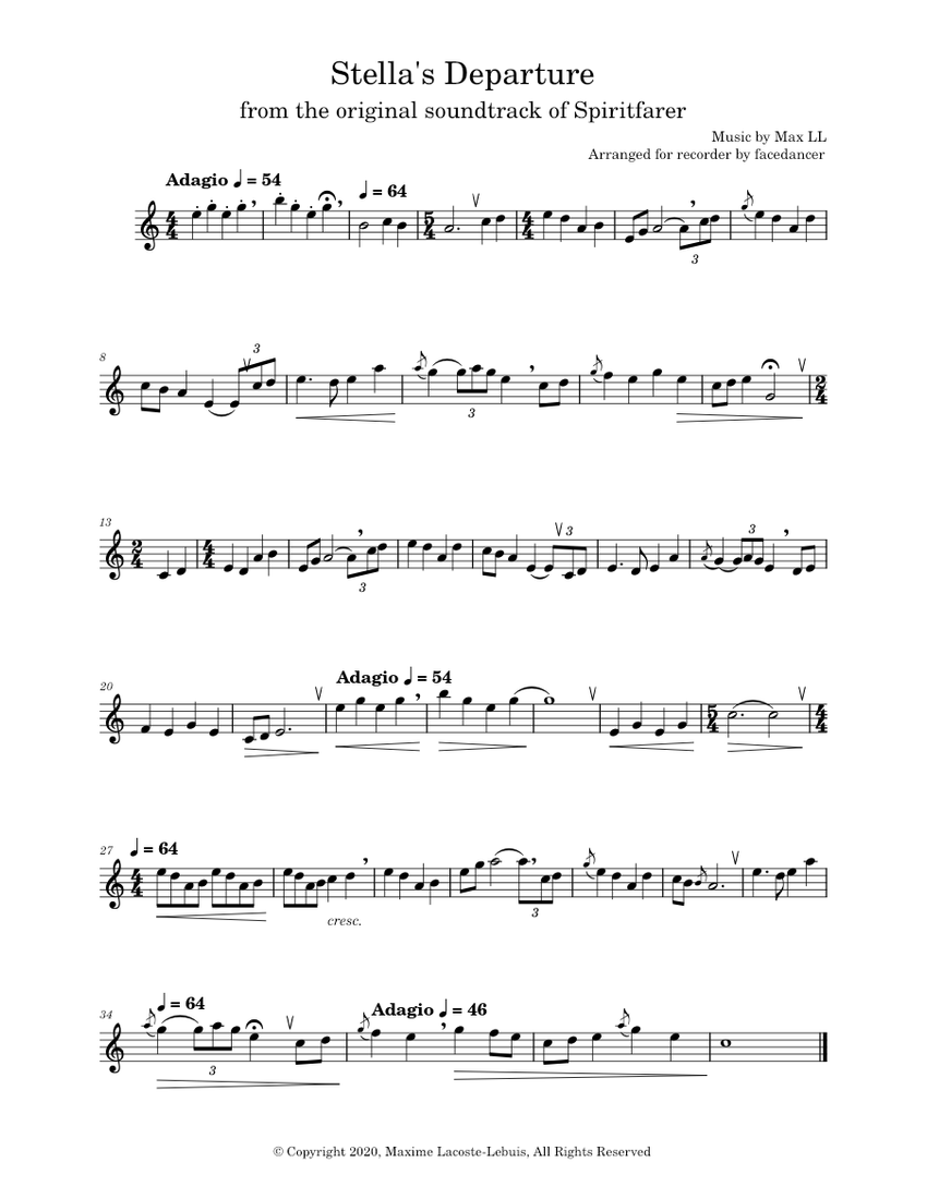 Stella's Departure Max LL (recorder cover) Sheet music for Recorder