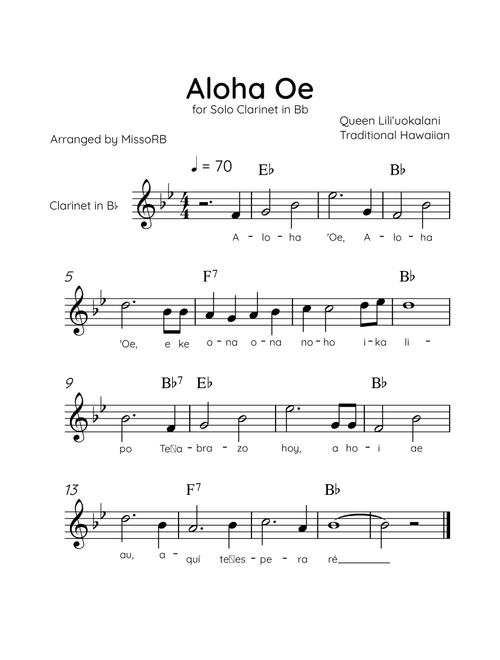 Aloha Oe - Solo Clarinet in Bb in Ab Major Easy With Lyrics & Chords (Arr. MissoRB) - Queen Liliʻuokalani (Clarinet Solo)