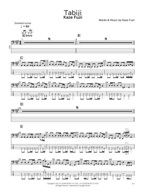 Tabiji (Arr. bassscore.masspro) - Kaze Fujii (Bass Tab)