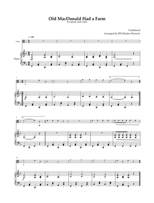 Old MacDonald Had A Farm - Viola and Piano - Easy in F Major (Arr. JPS Edições Musicais) - Thomas D'Urfey (Viola and Piano)