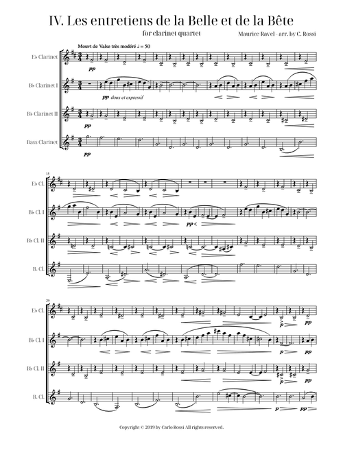 Ma Mère l'Oye - IV. Les entretiens de la Belle et de la Bête for Clarinet Quartet (Arr. Carlo Rossi) - Maurice Ravel (Small Ensemble)