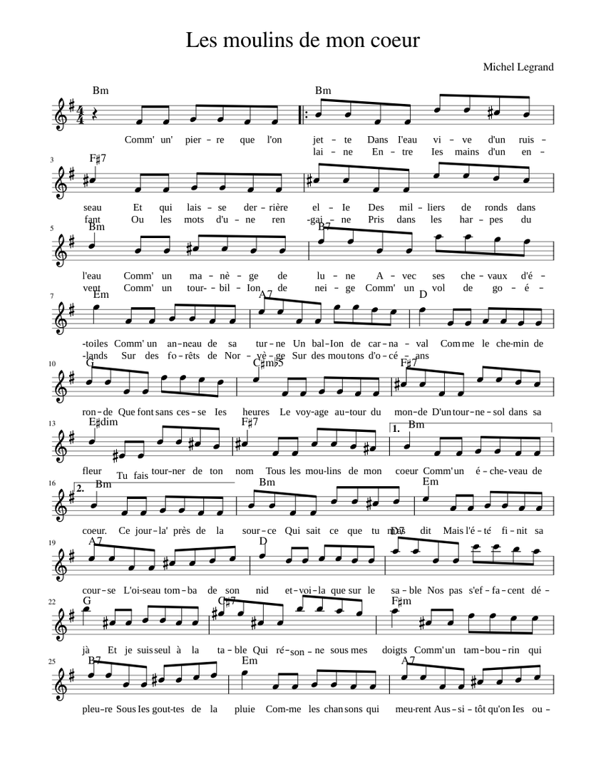 Les moulins de mon coeur Sheet Music with Chords for Saxophone