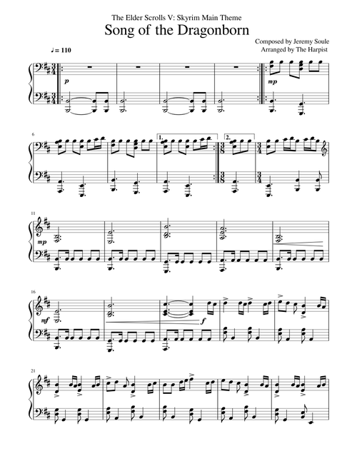 Song of the dragonborn (Skyrim main theme) for the harp 