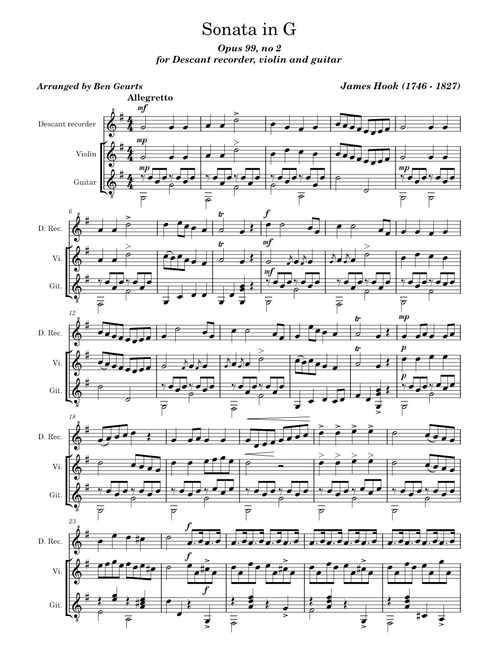 Sonata in G for Descant recorder, violin and guitar – James Hook