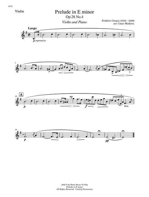 Prelude in E minor by Chopin - Violin and Piano (Individual Parts) (Arr. César Madeira) - Frederic Chopin (Violin and Piano)