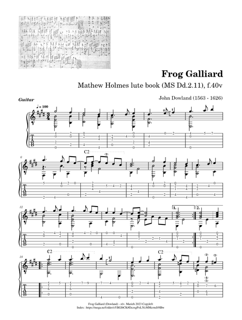 Frog Galliard – John Dowland (1563 - 1626) - Tablature