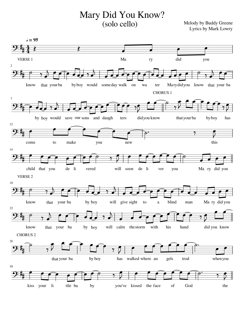 Mary Did You Know? (with lyrics) Sheet music for Cello (Solo