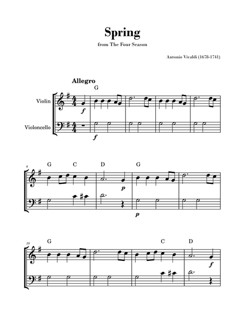 Spring from 'The Four Seasons' by Vivaldi - Easy Violin and Cello Duet with Chords (Arr. Gisele Sant'Ana) - Antonio Vivaldi (Instrumental Duet)