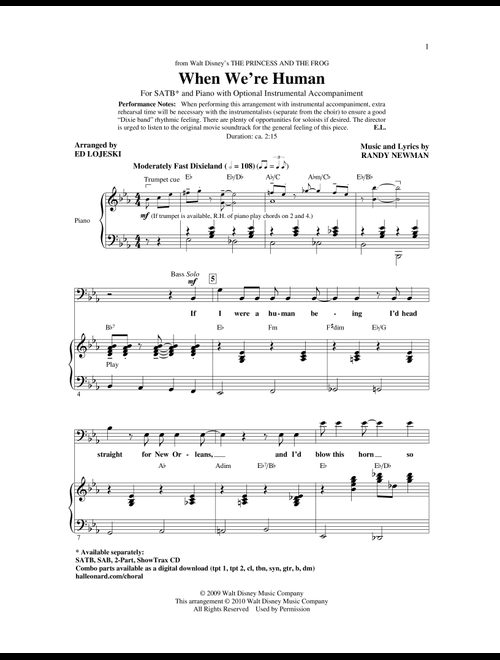 When We're Human (from The Princess And The Frog) (Arr. Ed Lojeski) - Randy Newman (Choral, SATB)