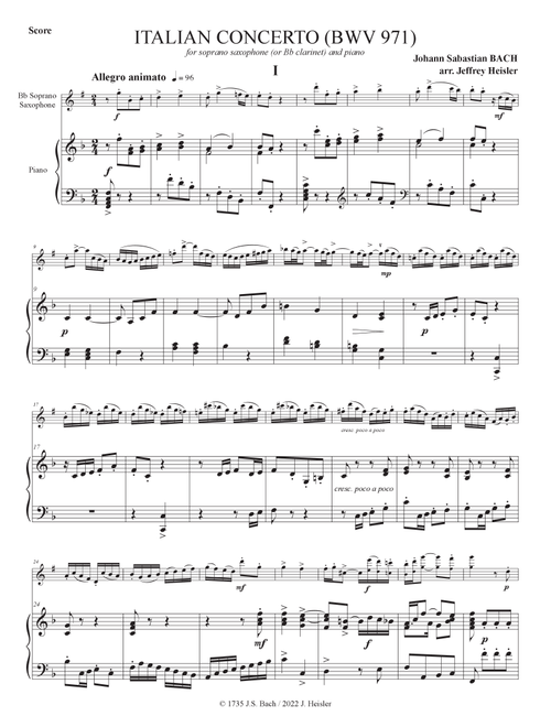 Italian Concerto (BWV 971) (Arr. Jeffrey Heisler) - J.S. Bach (Soprano Sax and Piano)