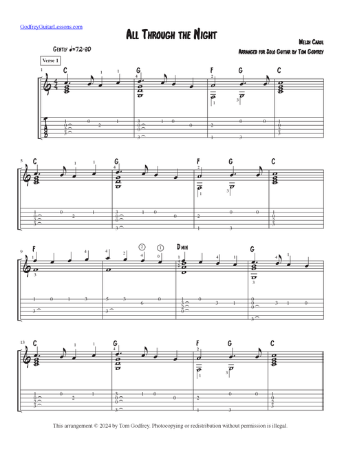 All Through the Night (Arr. Tom Godfrey) - Welsh Christmas Carol (Guitar Tab)