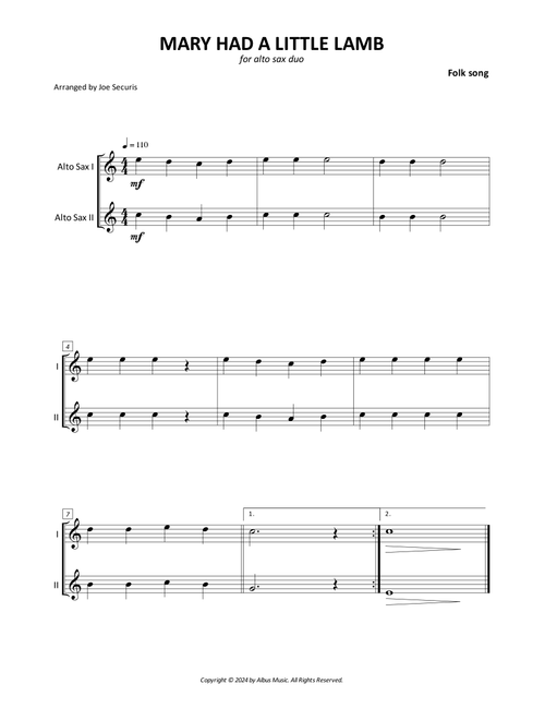 Mary Had A Little Lamb (Arr. Joe Securis) - Folk Song (Alto Saxophone Duet)
