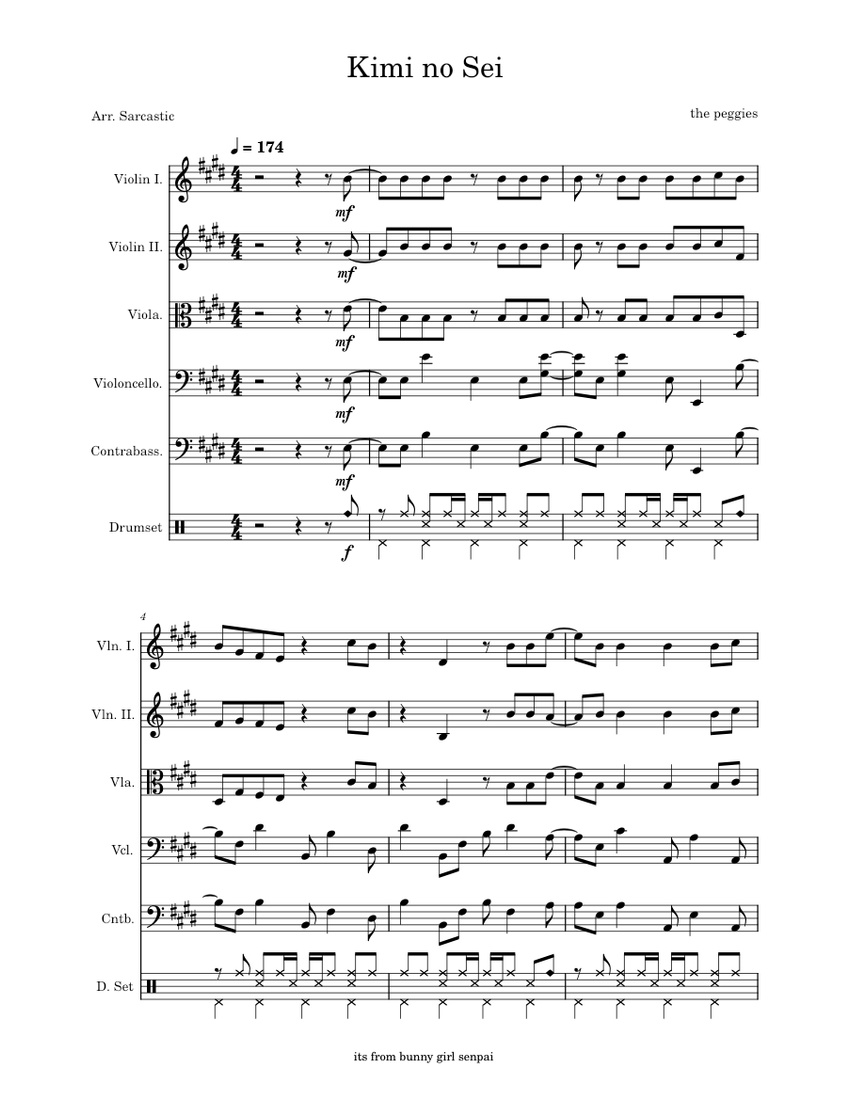 Kimi no sei the peggies for String Orchestra Sheet Music