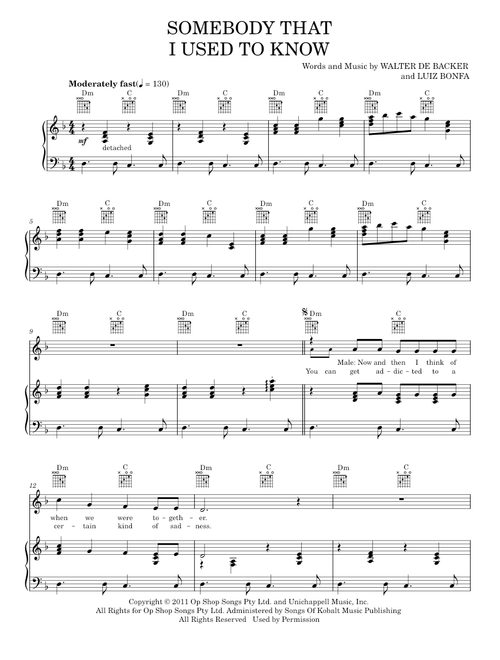 Somebody that i used to know - Gotye (Piano-Vocal-Guitar)
