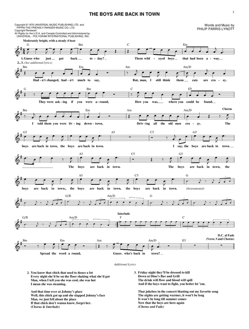 The Boys Are Back In Town - Thin Lizzy (Lead Sheet - Fake Book)