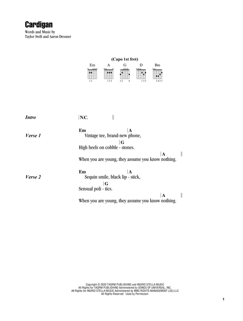 cardigan - Taylor Swift (Guitar Chords-Lyrics)