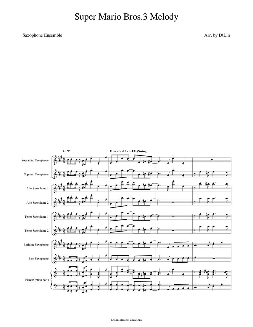 Super Mario Bros.3 Melody - Saxophone Ensemble Sheet Music for Piano ...