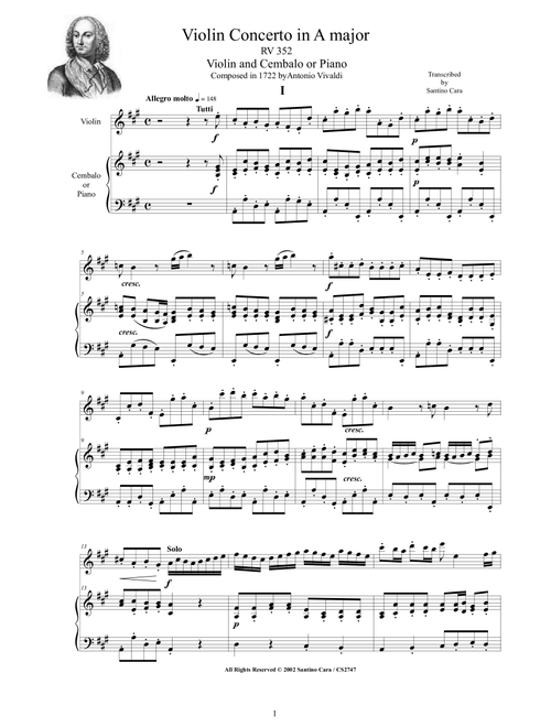 Vivaldi - Violin Concerto in A major RV 352 for Violin and Cembalo or Piano (Arr. Santino Cara) - Vivaldi Antonio (Instrumental Duet and Piano)
