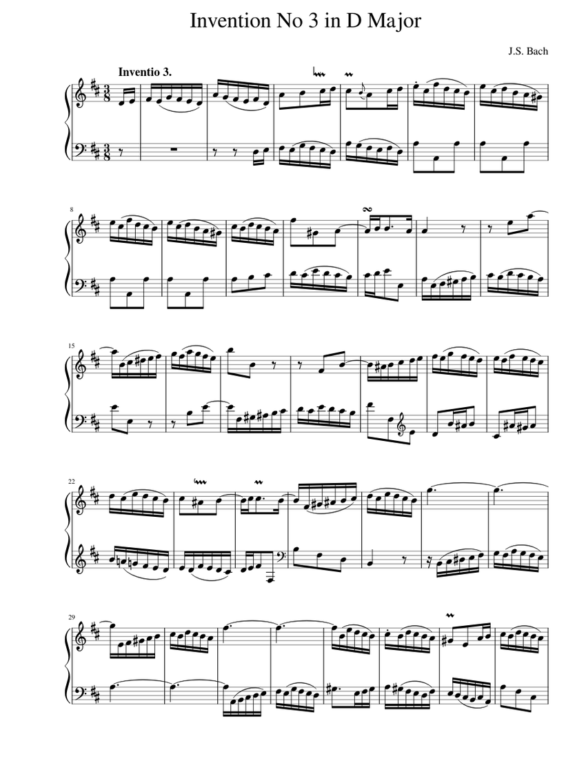 J.S. Bach Invention No 3 in D Major Sheet Music for Piano (Solo) easy ...