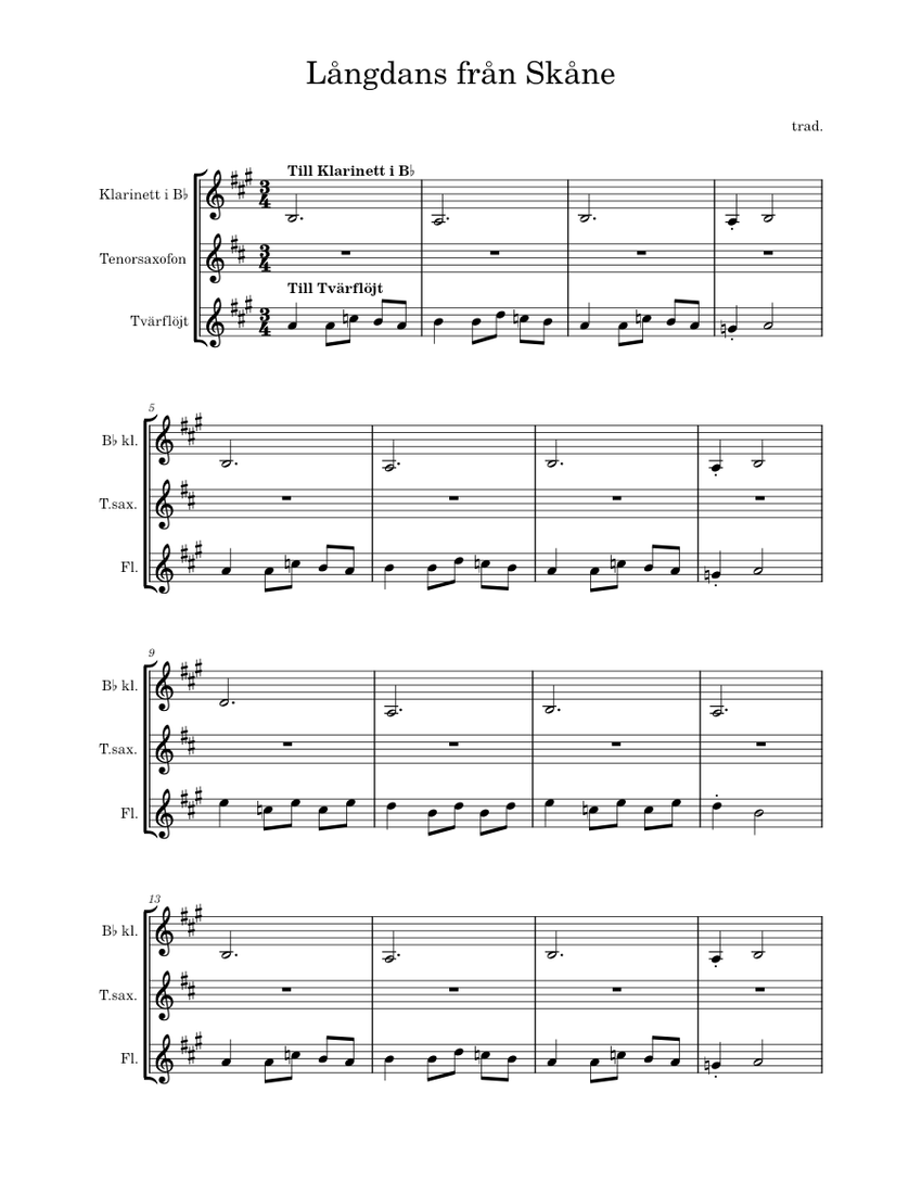Långdans från Skåne trio jobba på Sheet Music for Saxophone alto
