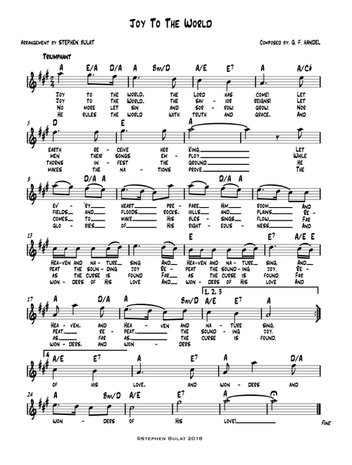 Joy To The World - Lead sheet (melody, lyrics & chords) in key of A (Arr. Stephen Bulat) - G. F. Handel (Large Ensemble)