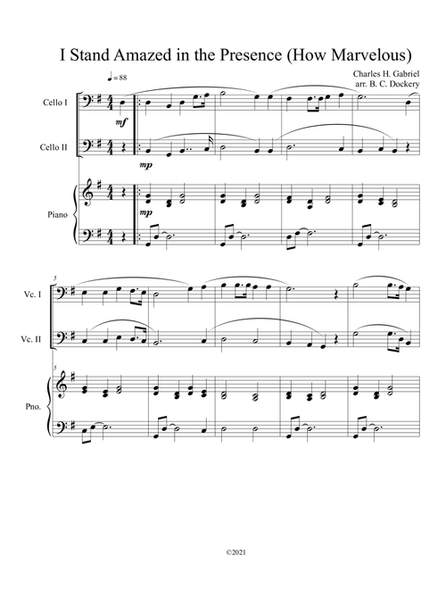 I Stand Amazed in the Presence (How Marvelous) for cello duet with optional piano accompaniment (Arr. B. C. Dockery) - Charles H Gabriel (Instrumental Duet and Piano)