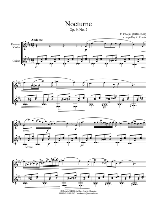 Nocturne Op. 9 No. 2 for violin or flute and guitar (abridged) (Arr. K. Krantz) - F. Chopin (1810-1849) (Instrumental Duet)