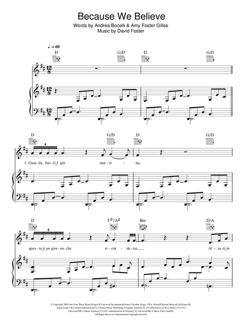 Because We Believe - Andrea Bocelli, David Foster (Piano-Vocal-Guitar (Piano Accompaniment))