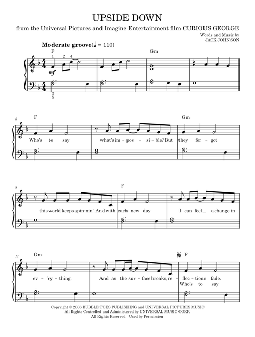 Upside Down - Curious George Movie, Jack Johnson (Easy Piano)