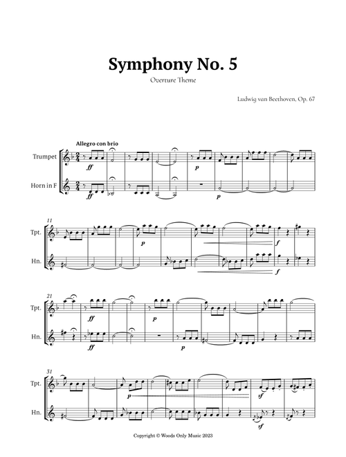 Symphony No. 5 by Beethoven for Trumpet and French Horn Duet (Arr. Ander) (Instrumental Duet)