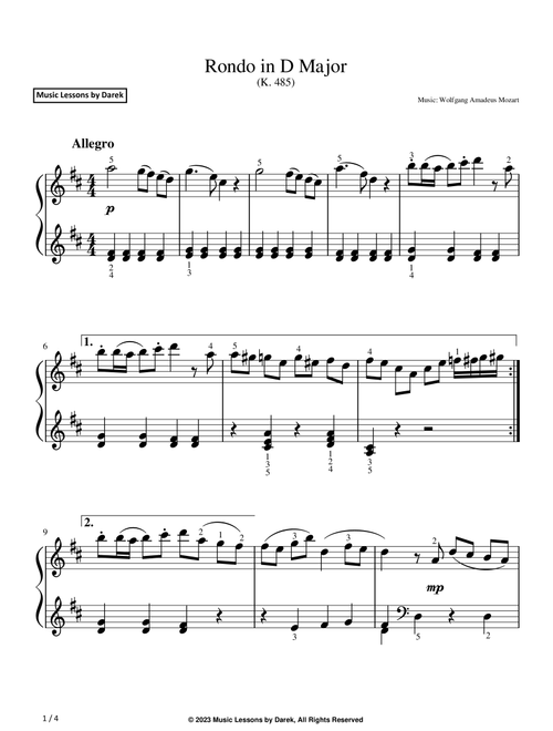 Rondo in D Major (EASY PIANO) (K. 485) [Wolfgang Amadeus Mozart] (Arr. Darek) (Easy Piano)