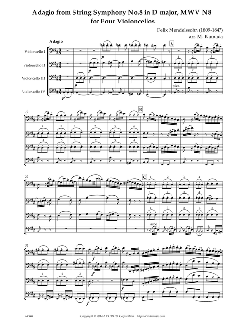 Adagio from String Symphony No.8 in D major, MWV N8 for Four Violoncellos (Arr. Mikio Kamada) - Felix Mendelssohn (1809-1847) (Cello Solo)