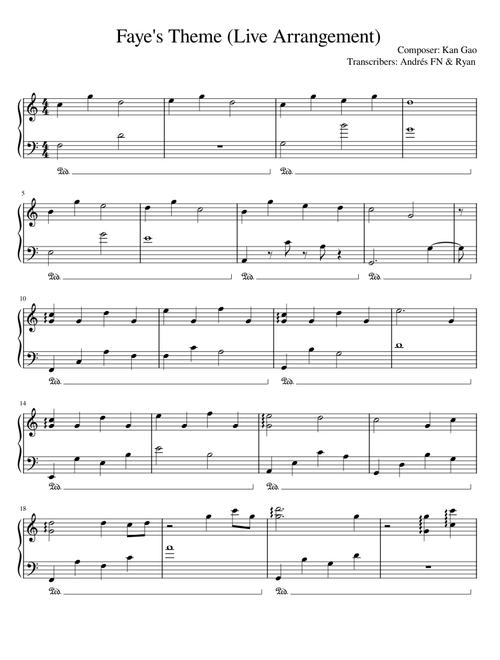 Faye's Theme – Kan R. Gao – Live Arrangement (Finding Paradise) (C Major)