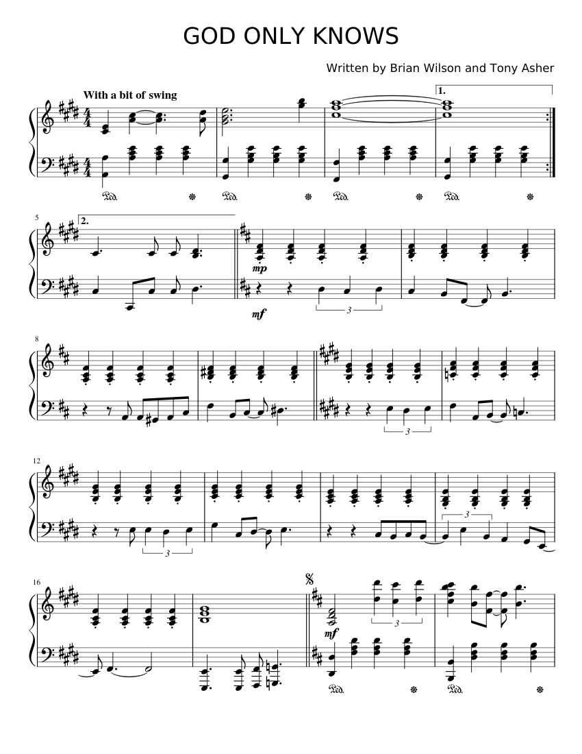 God Only Knows - The Beach Boys Sheet Music for Piano (Solo