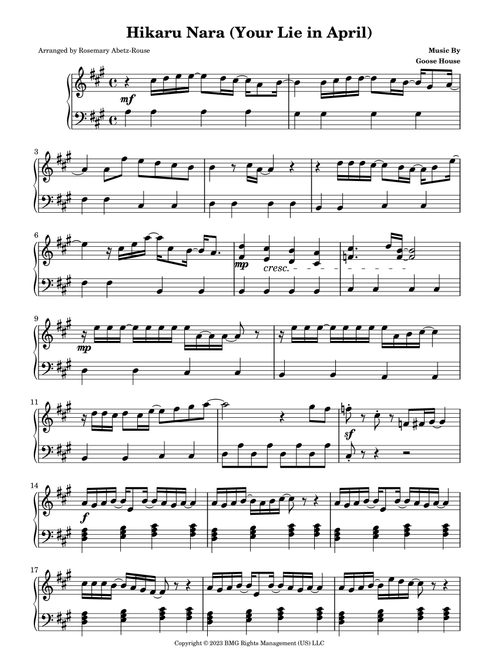 Hikaru Nara (Arr. Rosemary Abetz-Rouse) - Goose house (Easy Piano)