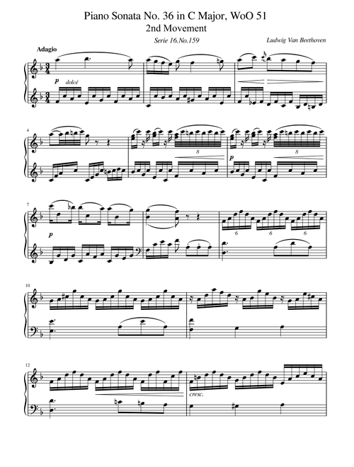 Beethoven, Piano Sonata in C Major, WoO 51, 2nd Mov, for Piano Solo Original (Arr. poon) - Ludwig Van Beethoven (Easy Piano)
