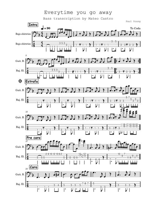 Everytime you go away (Arr. Mateo Castro) - Pal Young (Bass Tab)