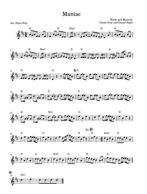 Maniac (Arr. Jinne Kim) - Conan Gray (Lead Sheet - Fake Book)