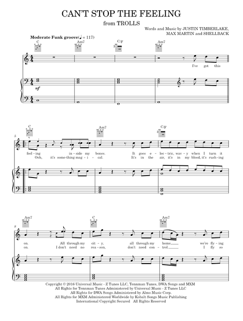 Can't Stop The Feeling - Justin Timberlake (Piano-Vocal-Guitar)