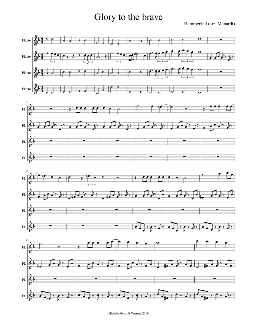 Glory To The Brave By Hammerfall For Flute Quartet Sheet Music For Flute Woodwind Quartet 