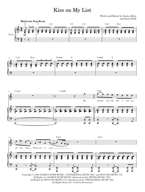 Kiss on my list - Hall & Oates (Piano Vocal)